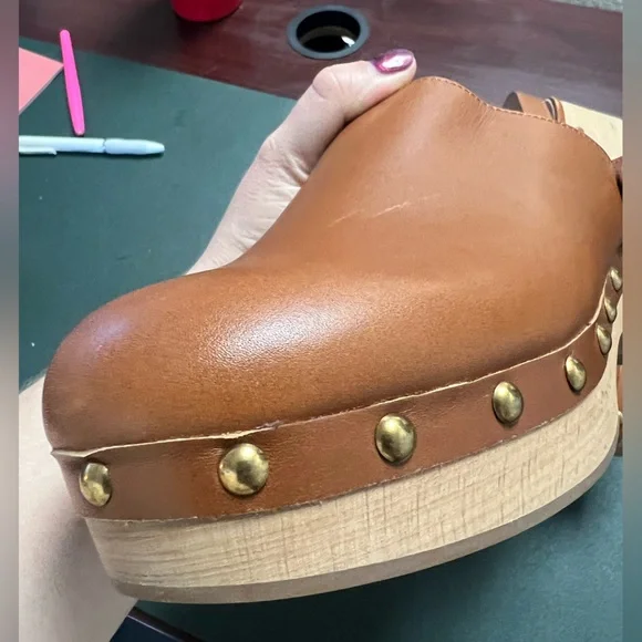 J.Crew brown leather brass stud wood platform slingback clog, size 8.5 - Picture 4 of 13
